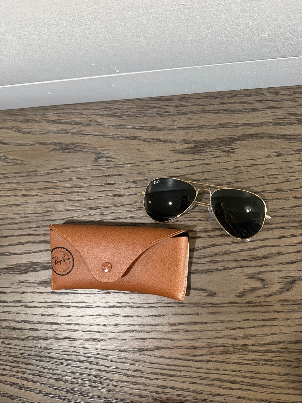 Ray-Ban Gold Frame Aviator Sunglasses with Black Lenses and Brown Case